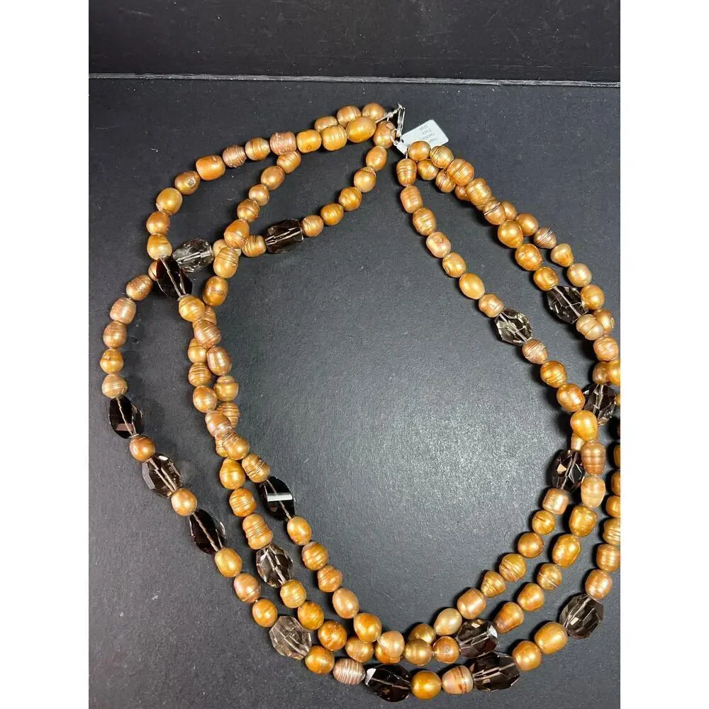 NEW smoky quartz and pearl multi strand necklace with sterling silver clasp